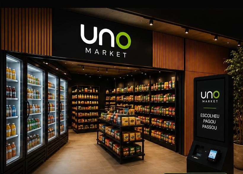 Interior de uma loja UNO Market com geladeiras iluminadas, gôndolas abastecidas e totem de autoatendimento
