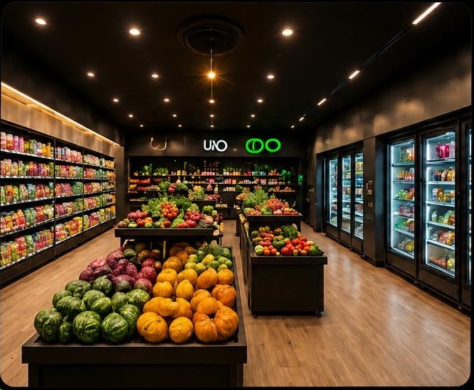 Corredor de hortifruti de uma loja UNO com frutas, legumes e geladeiras iluminadas