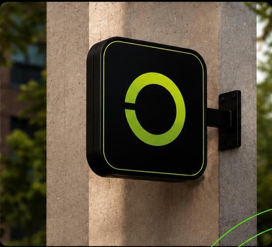 Placa luminosa com o símbolo O da UNO instalada na fachada de um edifício