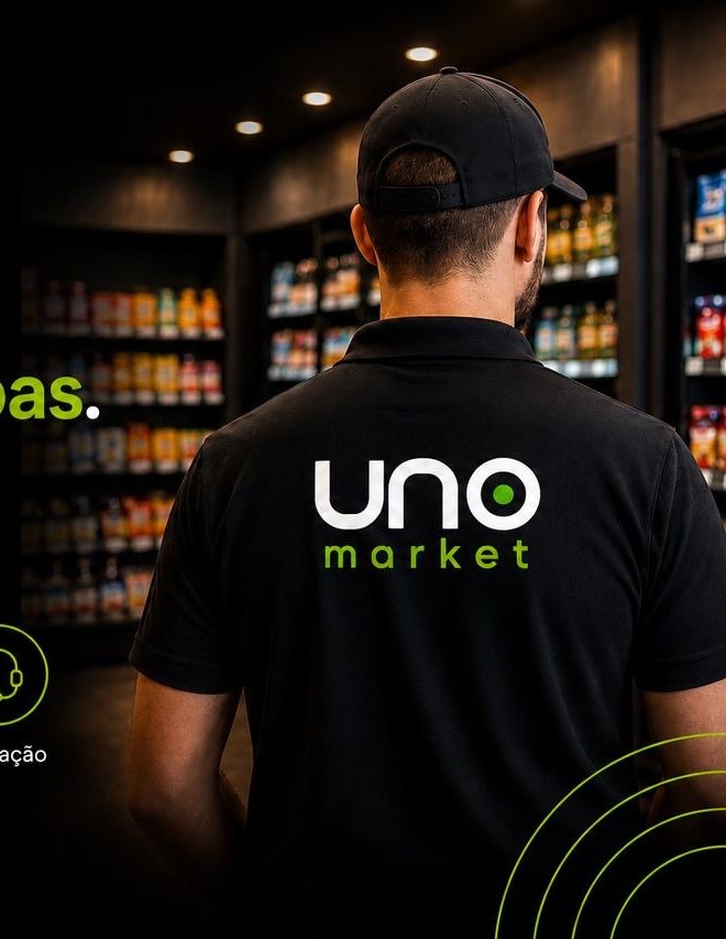 Colaborador da UNO Market de camisa da marca dentro de uma loja