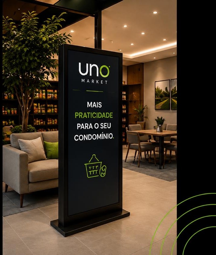 Moradora em área comum do condomínio ao lado do totem UNO Market