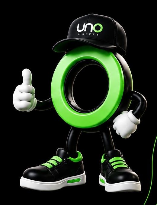 Mascote da UNO: a letra O verde com boné, tênis e polegar levantado