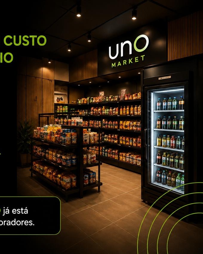 Gôndolas abastecidas e refrigerador de bebidas em uma loja UNO Market