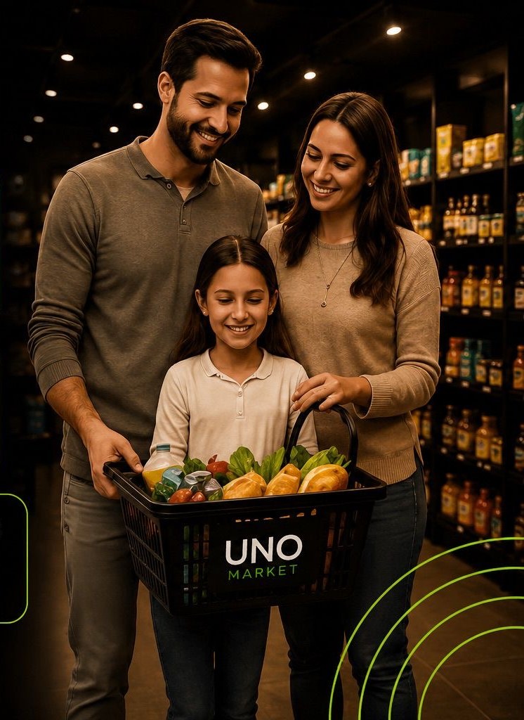 Família fazendo compras em uma loja UNO Market com cesta da marca